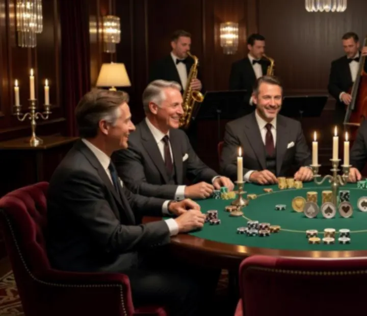 Elegáns offline poker este gyertyafényes asztalokkal és jól öltözött vendégekkel