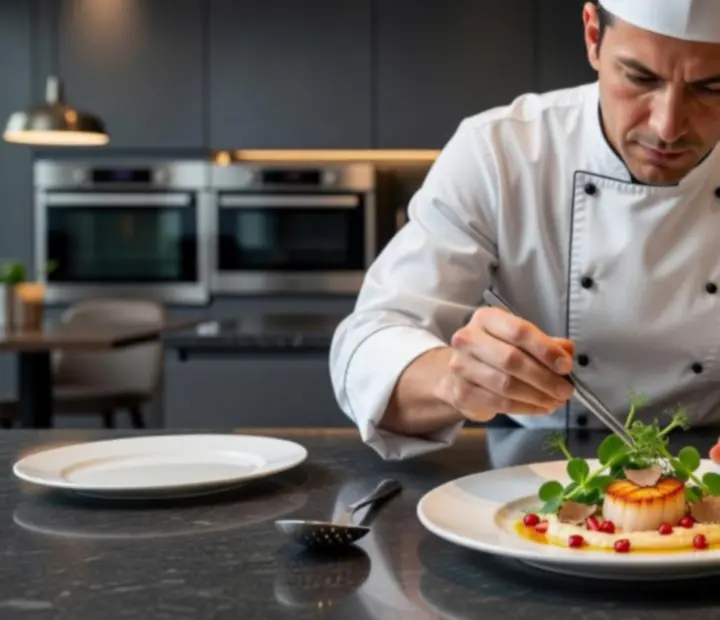 Konyhafőnök elegánsan tálal egy gourmet degusztációs fogást