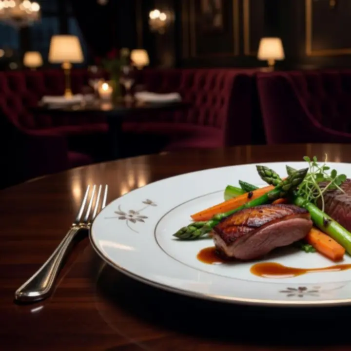 Gourmet főétel művészien tálalva elegáns éttermi környezetben