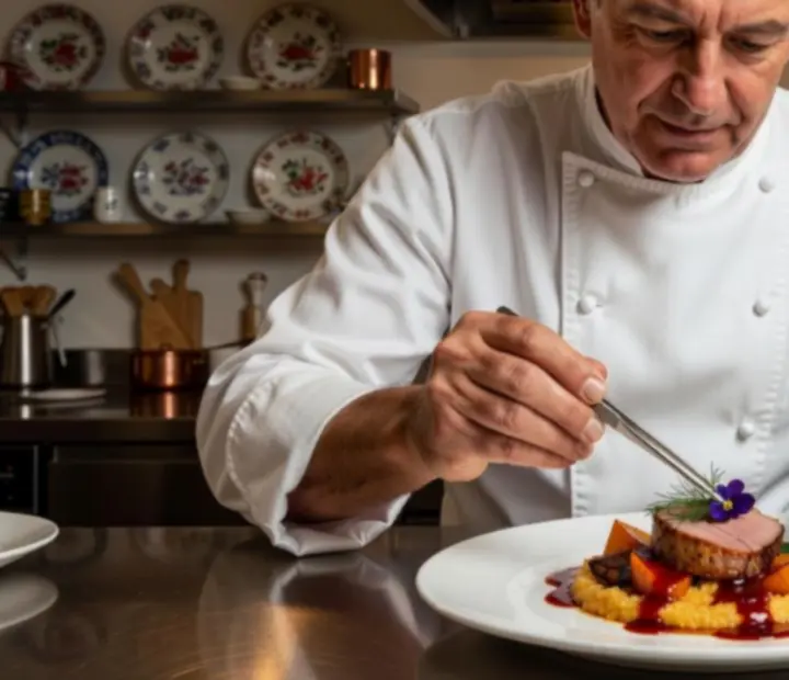Magyar fine dining séf művészi tálalással a konyhában