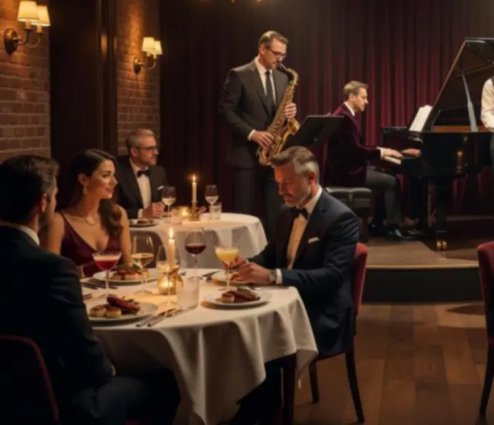 Élő zenekar fellépése egy elegáns éttermi rendezvényen, hangulatos fényekkel