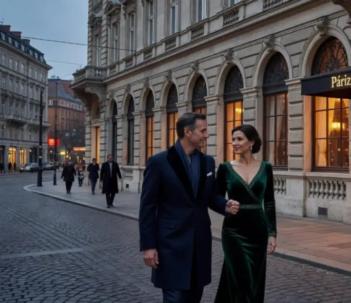 Elegáns, esti fényben megvilágított luxus étterem bejárata Budapesten